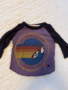 Aviator Nation Purple Raglan Surf Logo Tee with Navy Sleeves